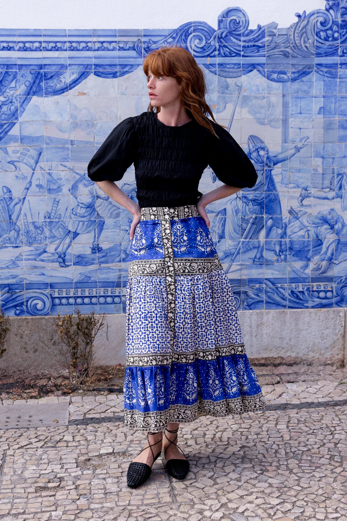 Oliphant Button Front Skirt- Jaisalmer Cobalt