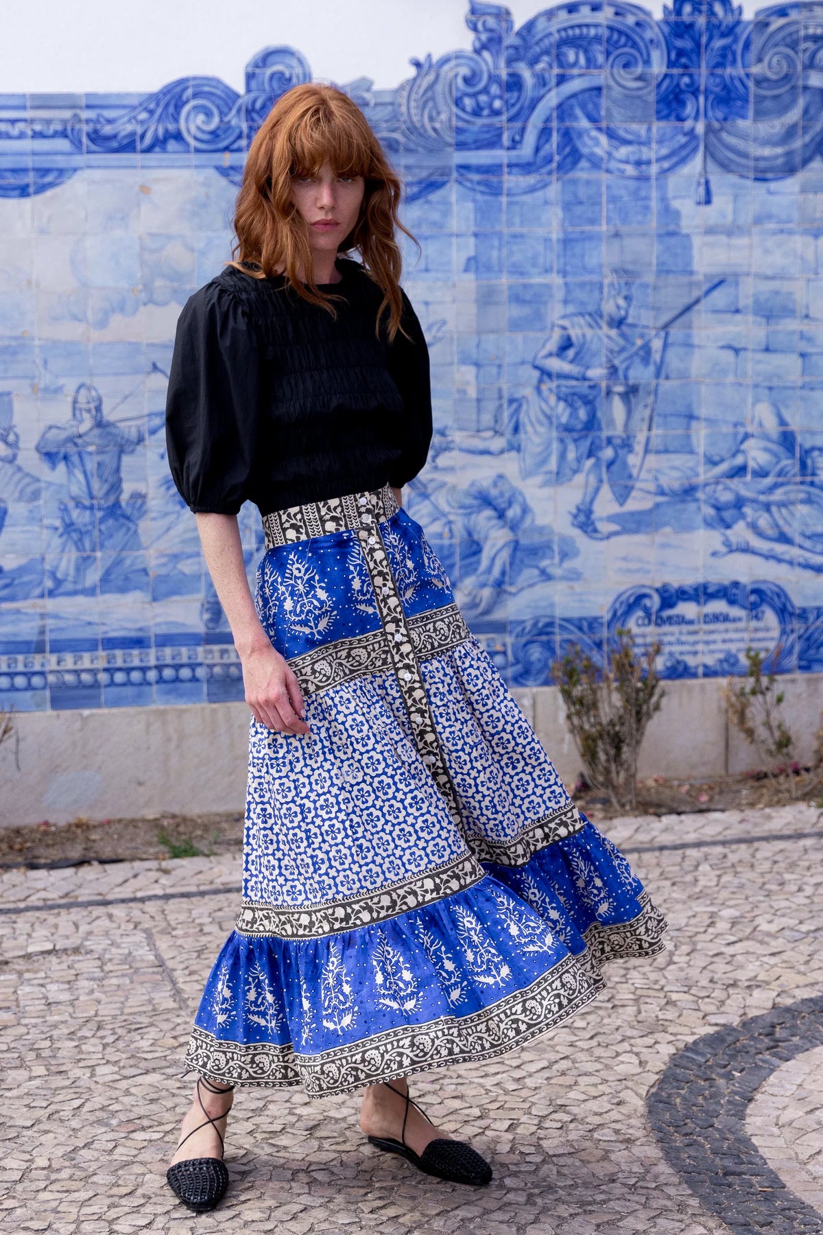 Oliphant Button Front Skirt- Jaisalmer Cobalt