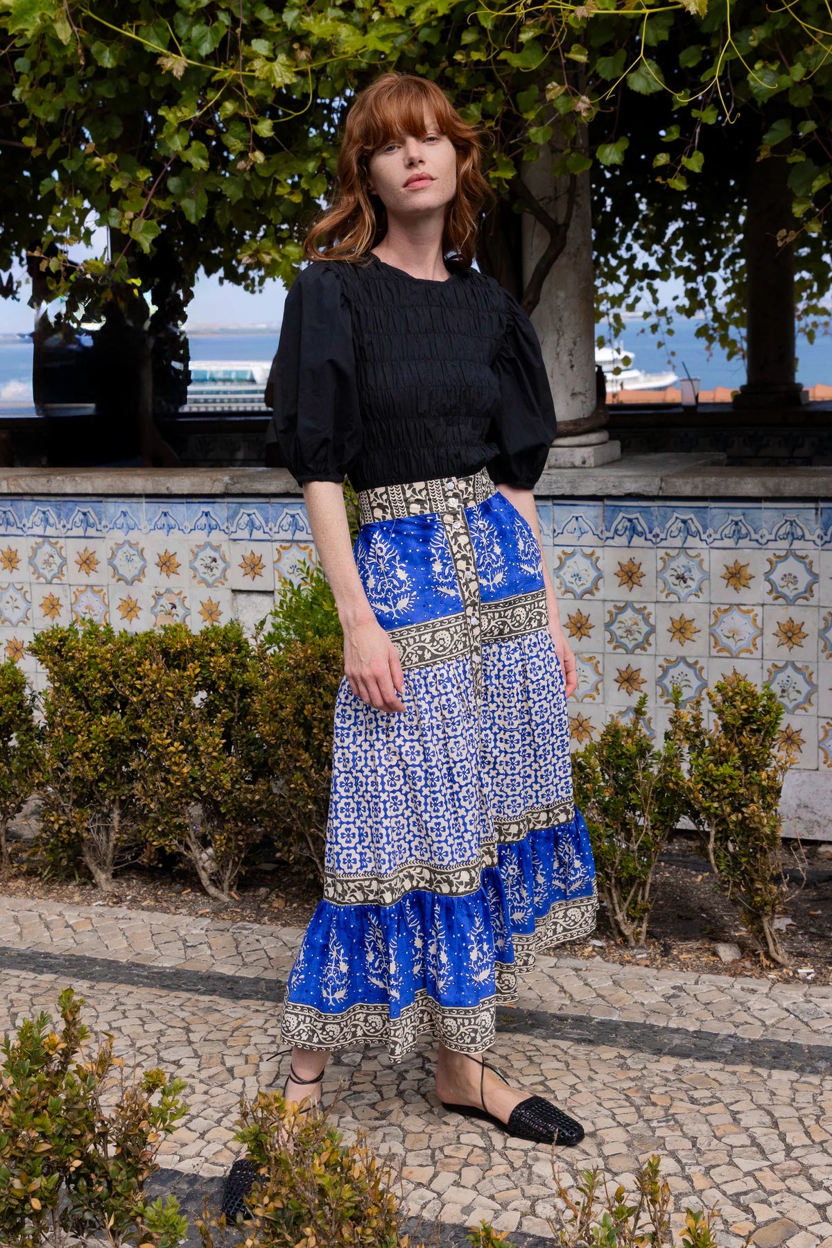Oliphant Button Front Skirt- Jaisalmer Cobalt