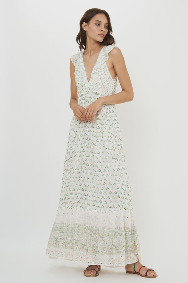 Oliphant Ruffle V-Neck Maxi- Juniper Olive