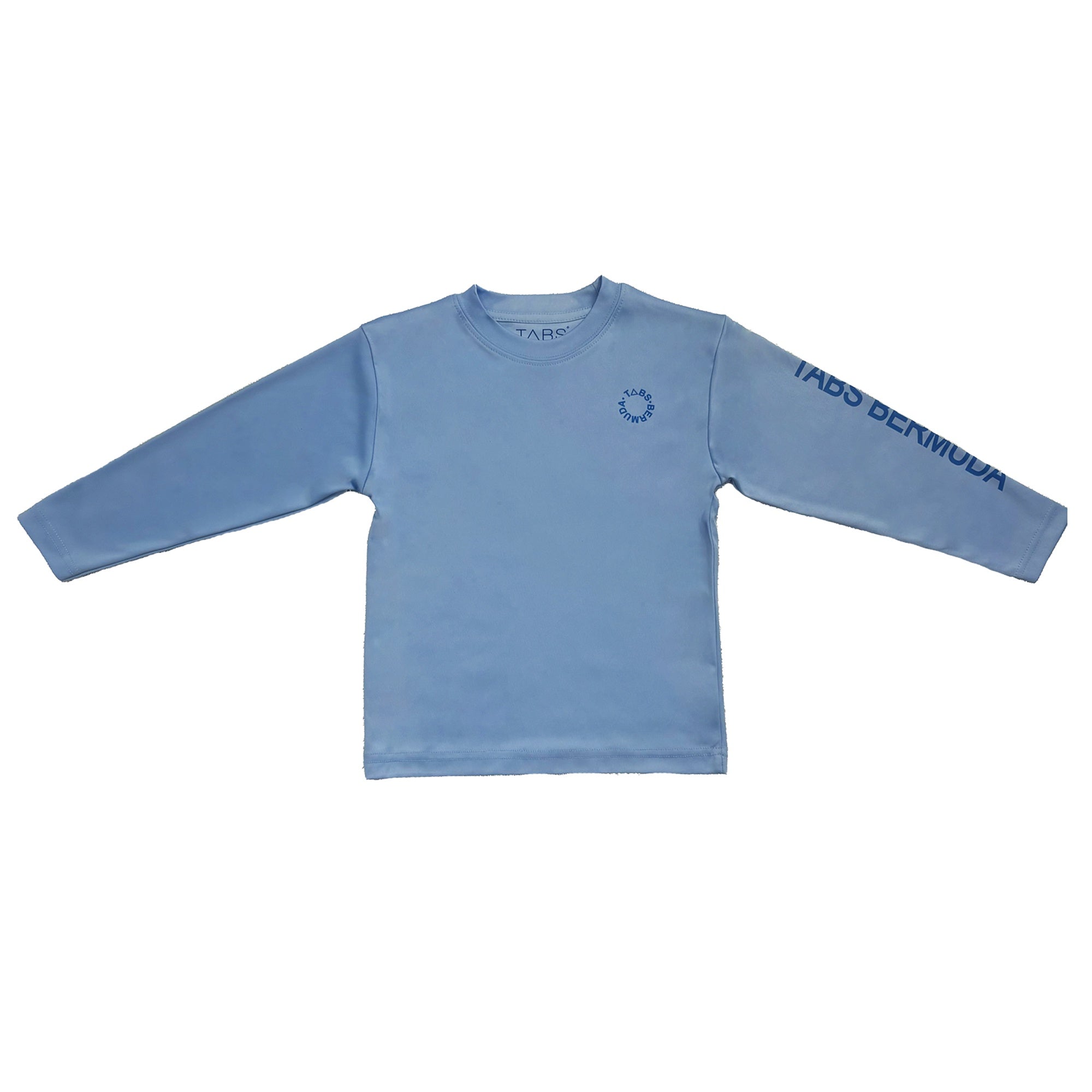 Child wearing a blue 'Island Kid' shirt by a pool