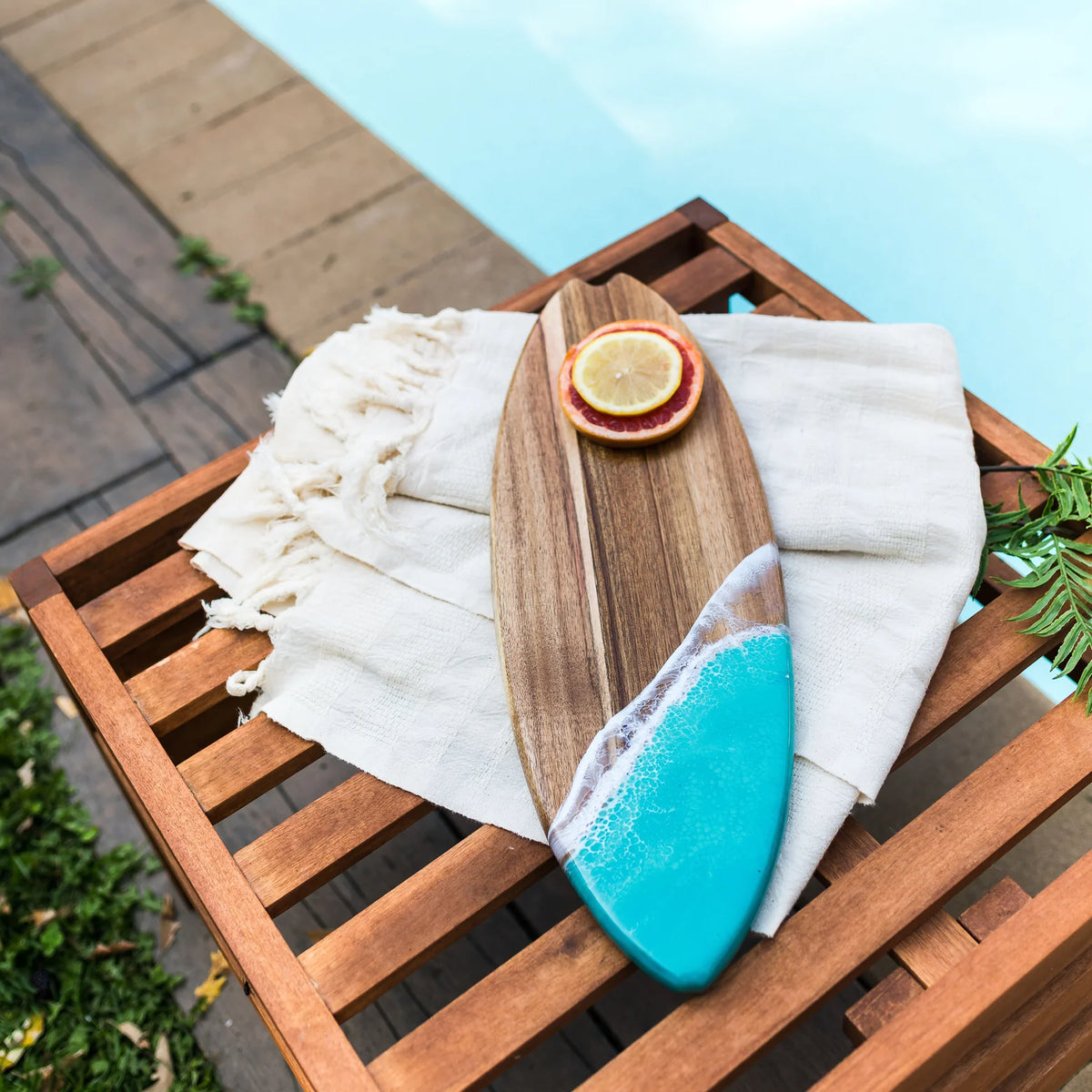 Lynn & Liana Designs Resin-Accented Surfboard Shaped Charcuterie Board - Bermuda Blue