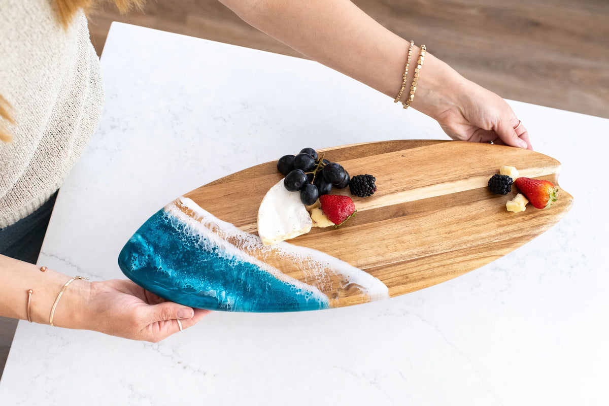 Lynn & Liana Designs Resin-Accented Surfboard Shaped Charcuterie Board -  Ocean Vibes