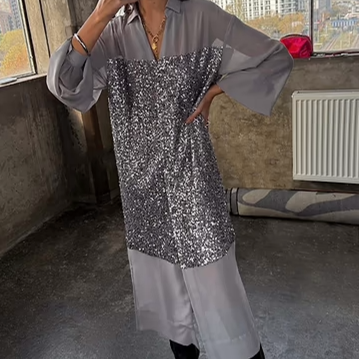 Never Fully Dressed Gunmetal Sequin Lila Shirt Dress