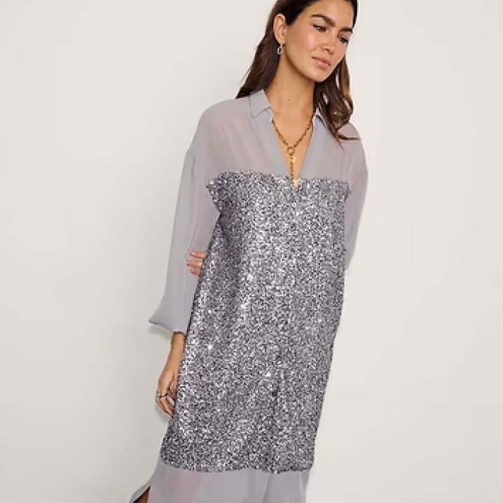Never Fully Dressed Gunmetal Sequin Lila Shirt Dress