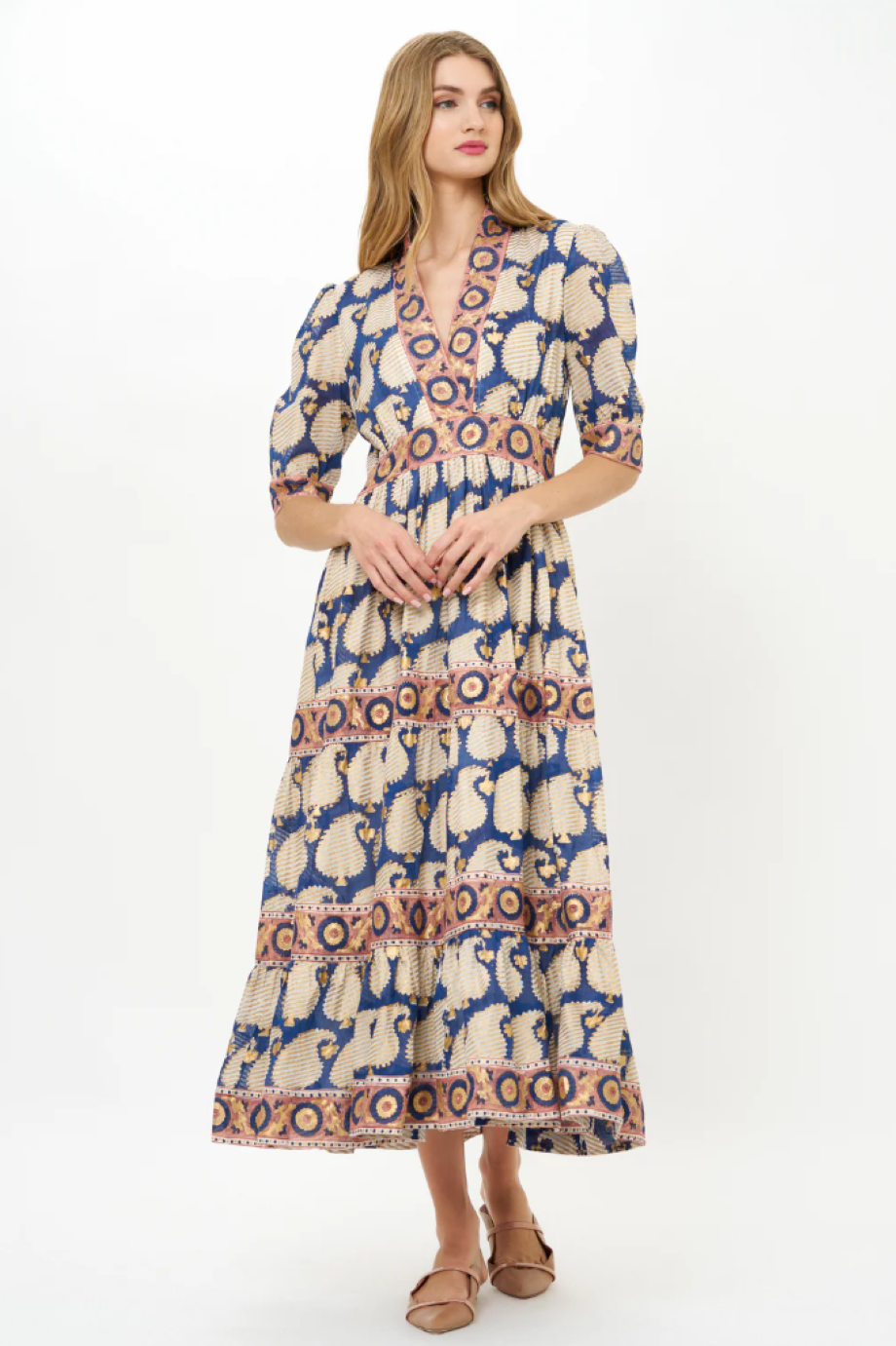 Oliphant V-Neck Cuffed Maxi- Agra Navy