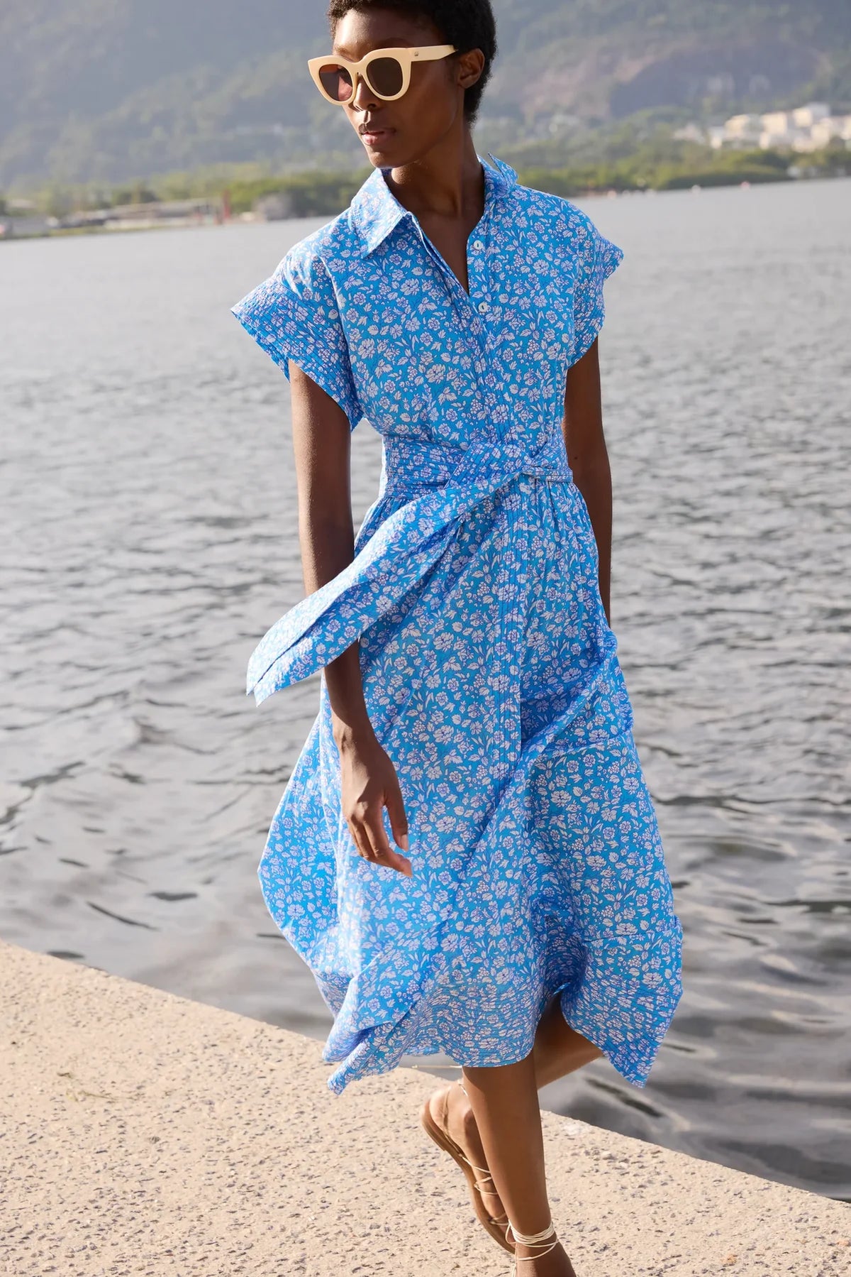 Oliphant Belted Shirt Dress - Ditsy Blue