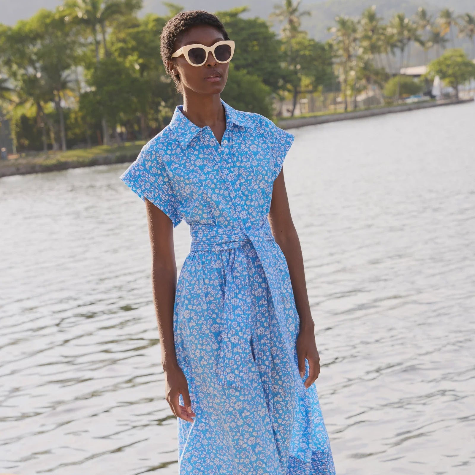 Oliphant Belted Shirt Dress - Ditsy Blue