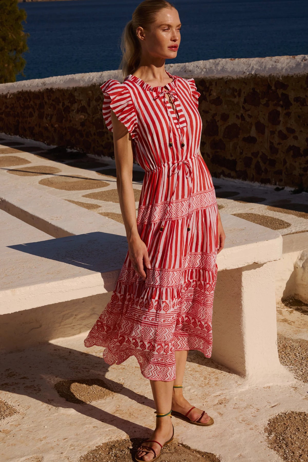 Oliphant Cinched Flirty Midi- Santorini Red