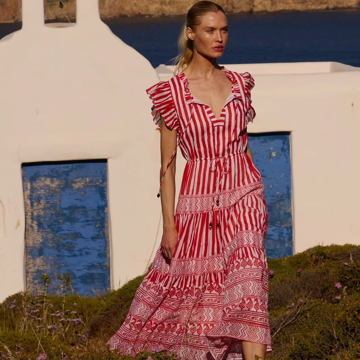 Oliphant Cinched Flirty Midi- Santorini Red