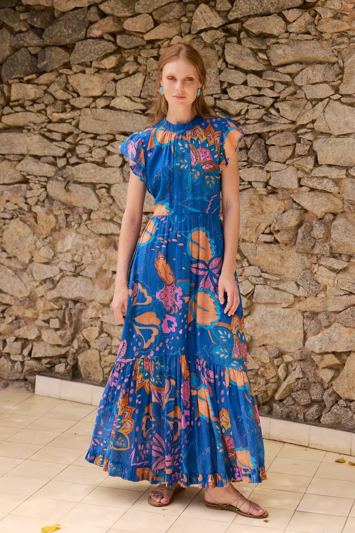 Oliphant Mock Neck Flutter Maxi - Antico Blue