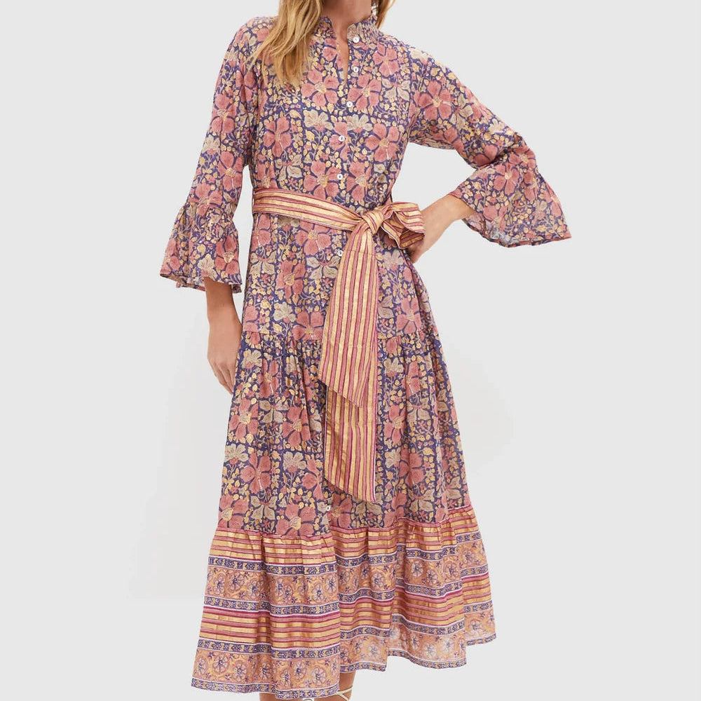 Oliphant Ruffle Collar Bell Maxi - Matera Navy