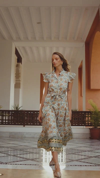 Oliphant Ruffle Collar Button Maxi- Montenegro Green