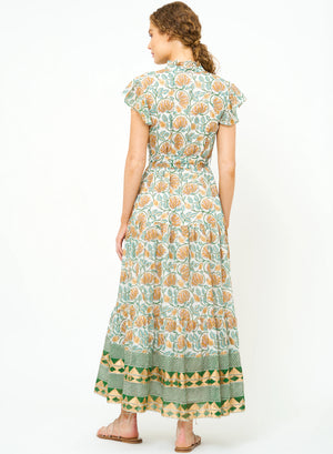 Oliphant Ruffle Collar Button Maxi- Montenegro Green
