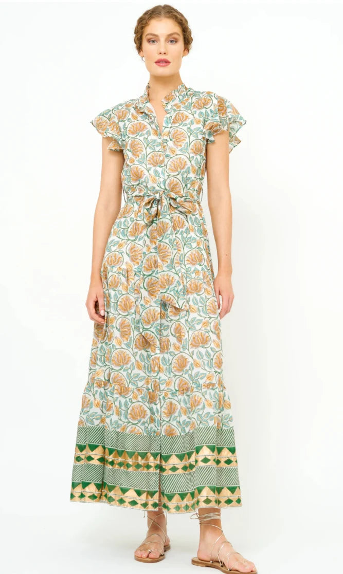 Oliphant Ruffle Collar Button Maxi- Montenegro Green
