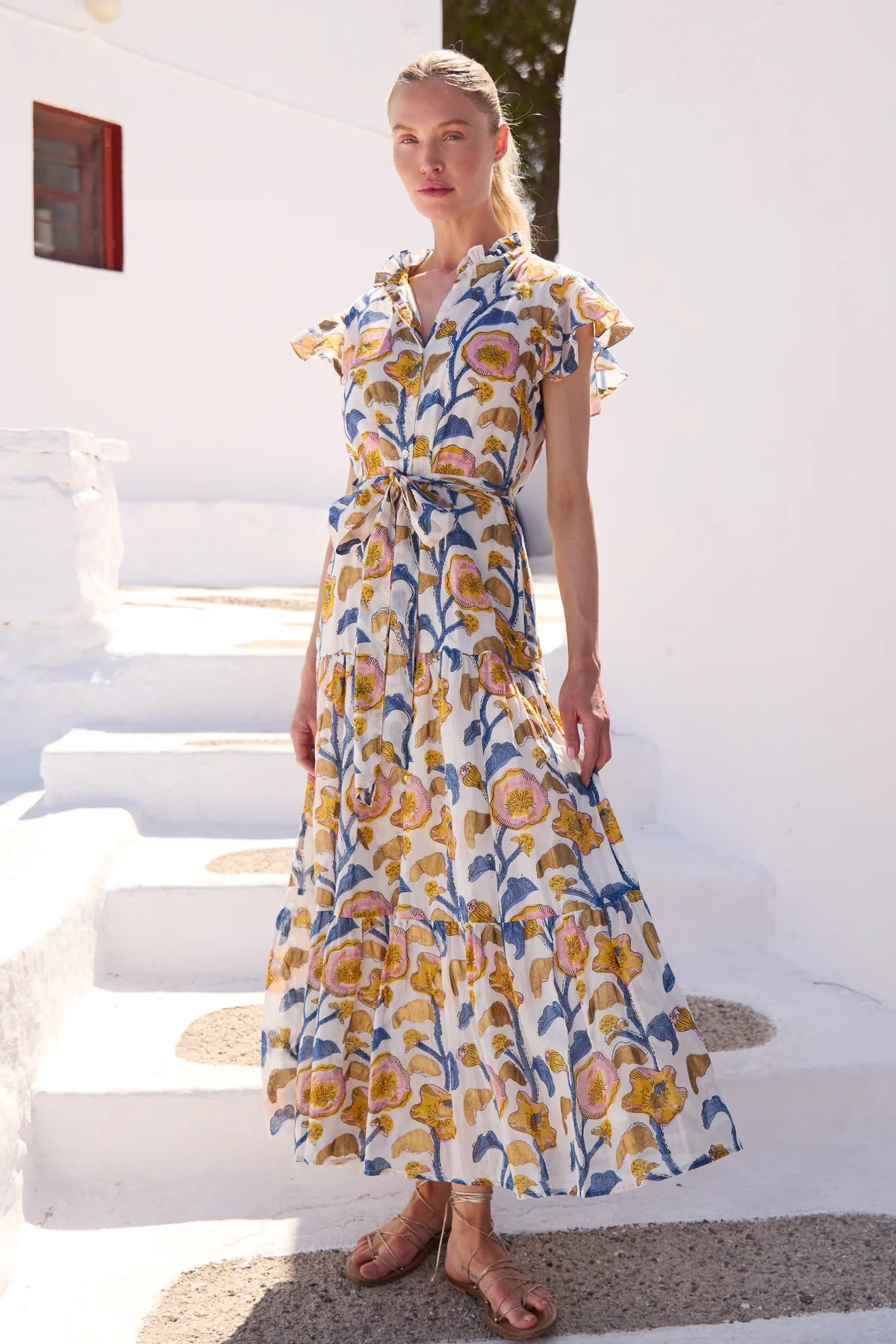 Oliphant Ruffle Collar Button Maxi- Poppy Marigold