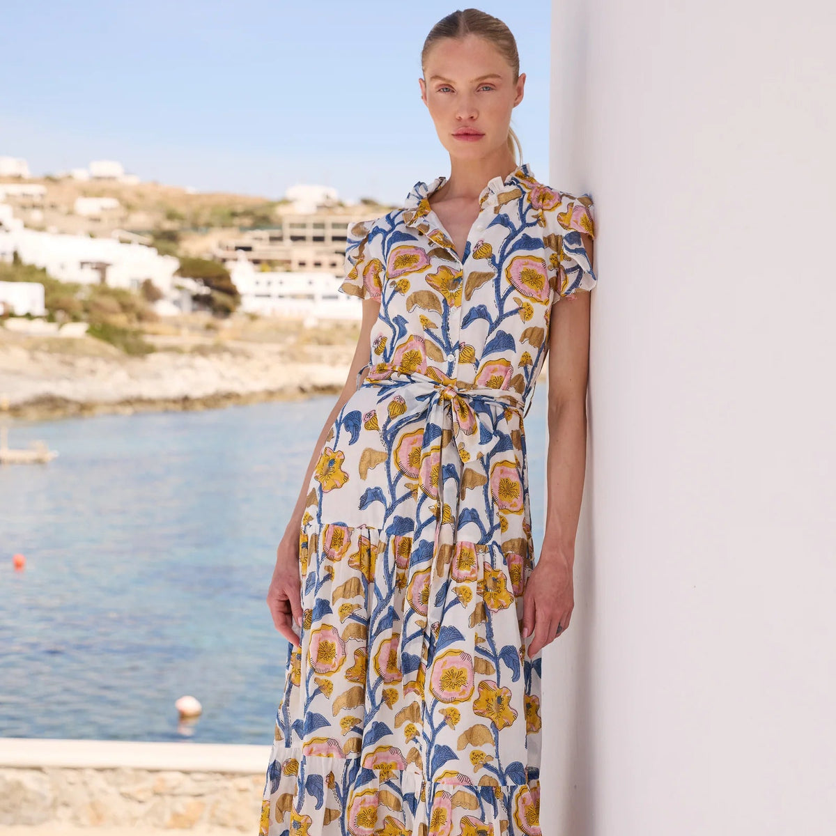 Oliphant Ruffle Collar Button Maxi- Poppy Marigold
