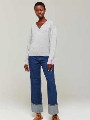 Brodie Embroidery Palm V Neck - Super Grey