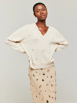 Brodie Embroidery Palm V Neck - Cygnet