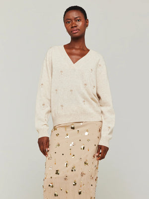 Brodie Embroidery Palm V Neck - Cygnet