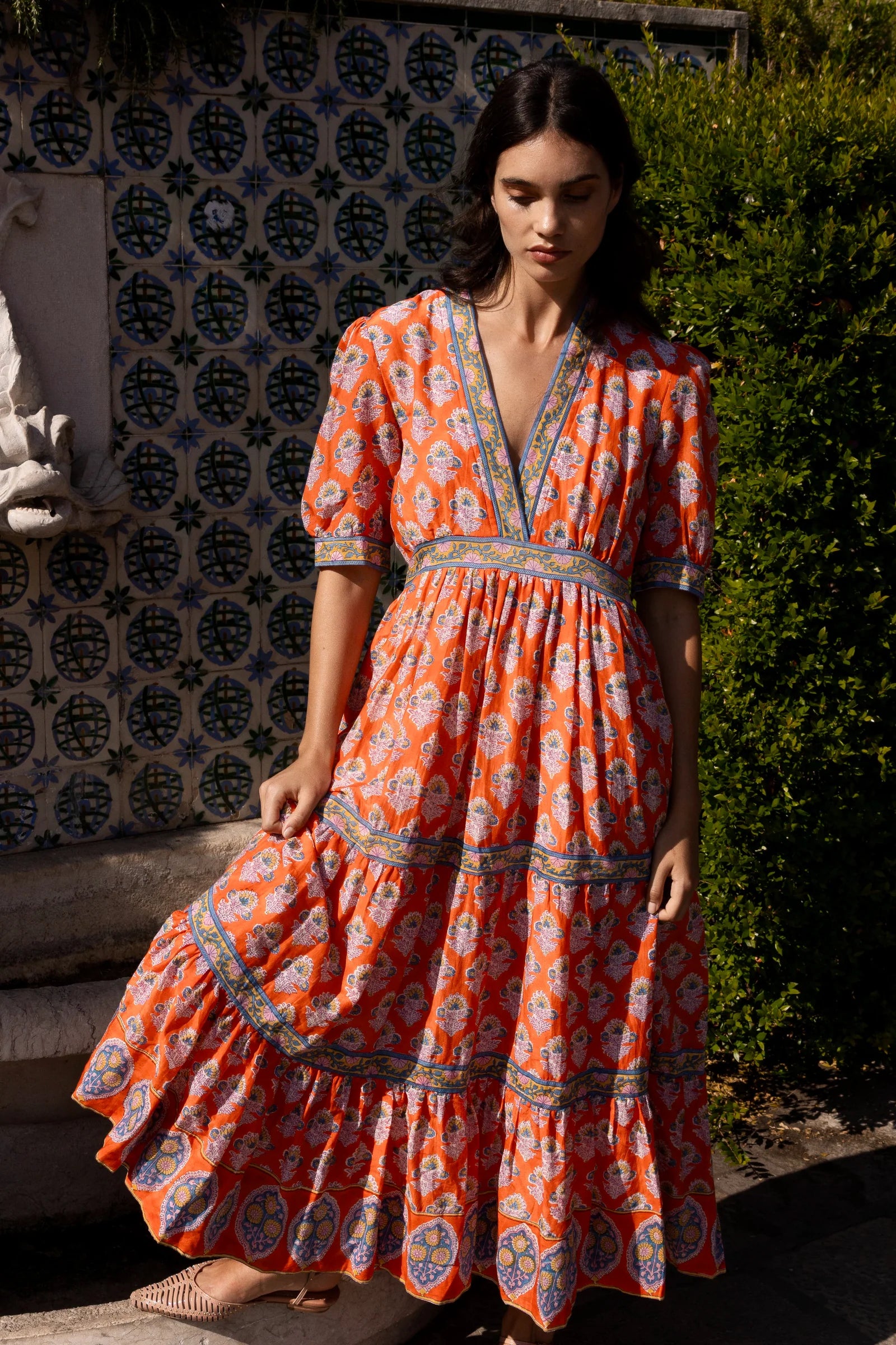 The Loren Oliphant V-Neck Cuffed Maxi Dress - Patna Red