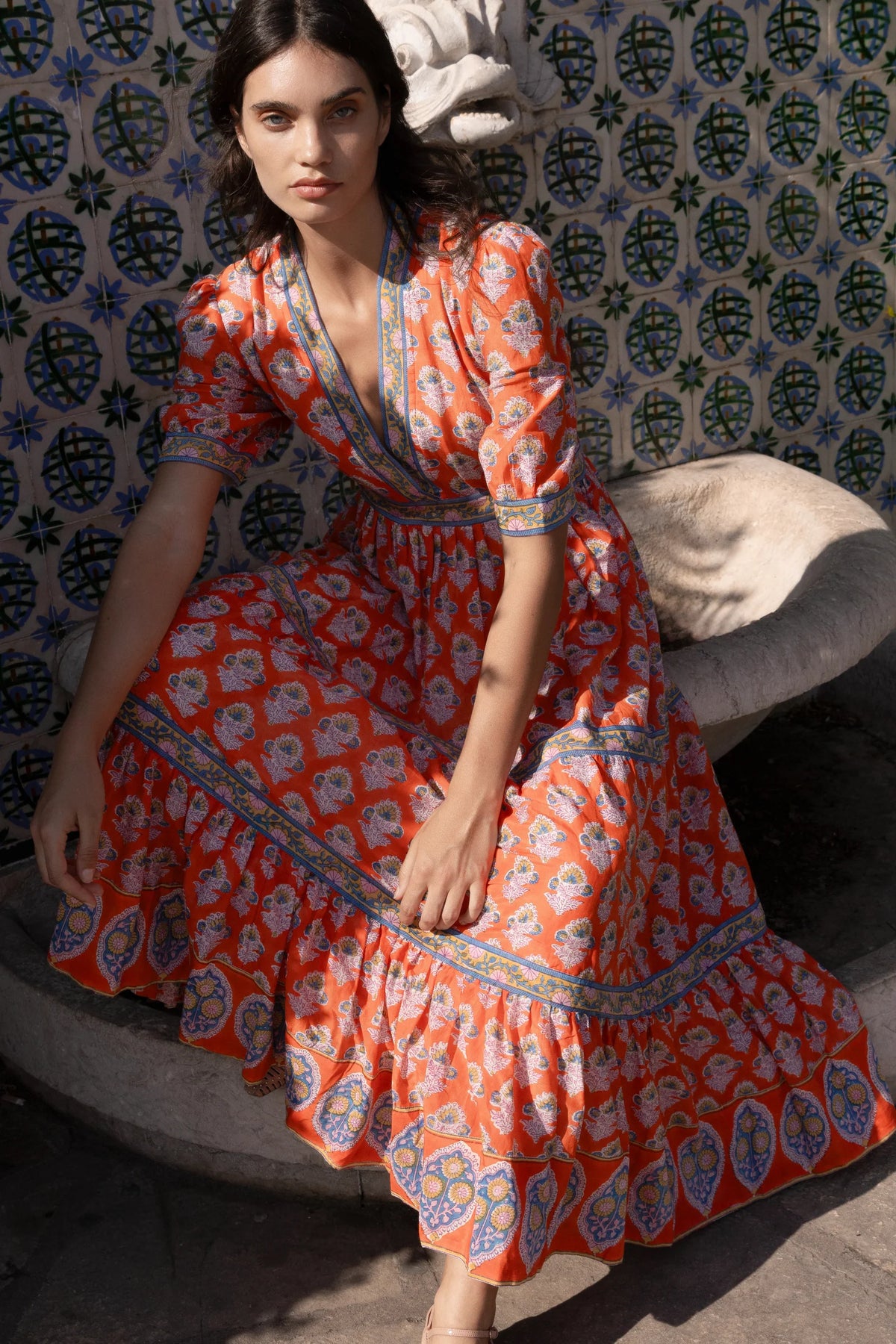 Oliphant V-Neck Cuffed Maxi Dress - Patna Red