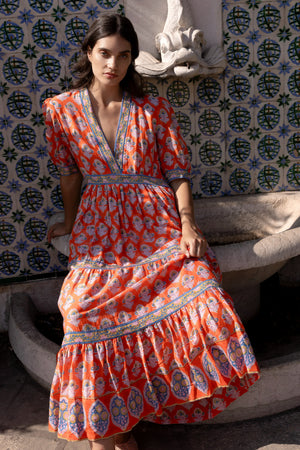 The Loren Oliphant V-Neck Cuffed Maxi Dress - Patna Red