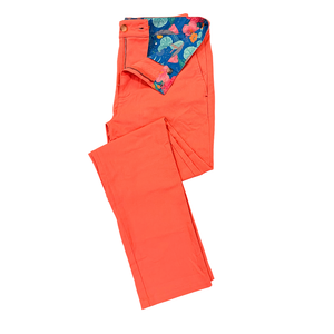 Orange pants with a colorful lining on a white background