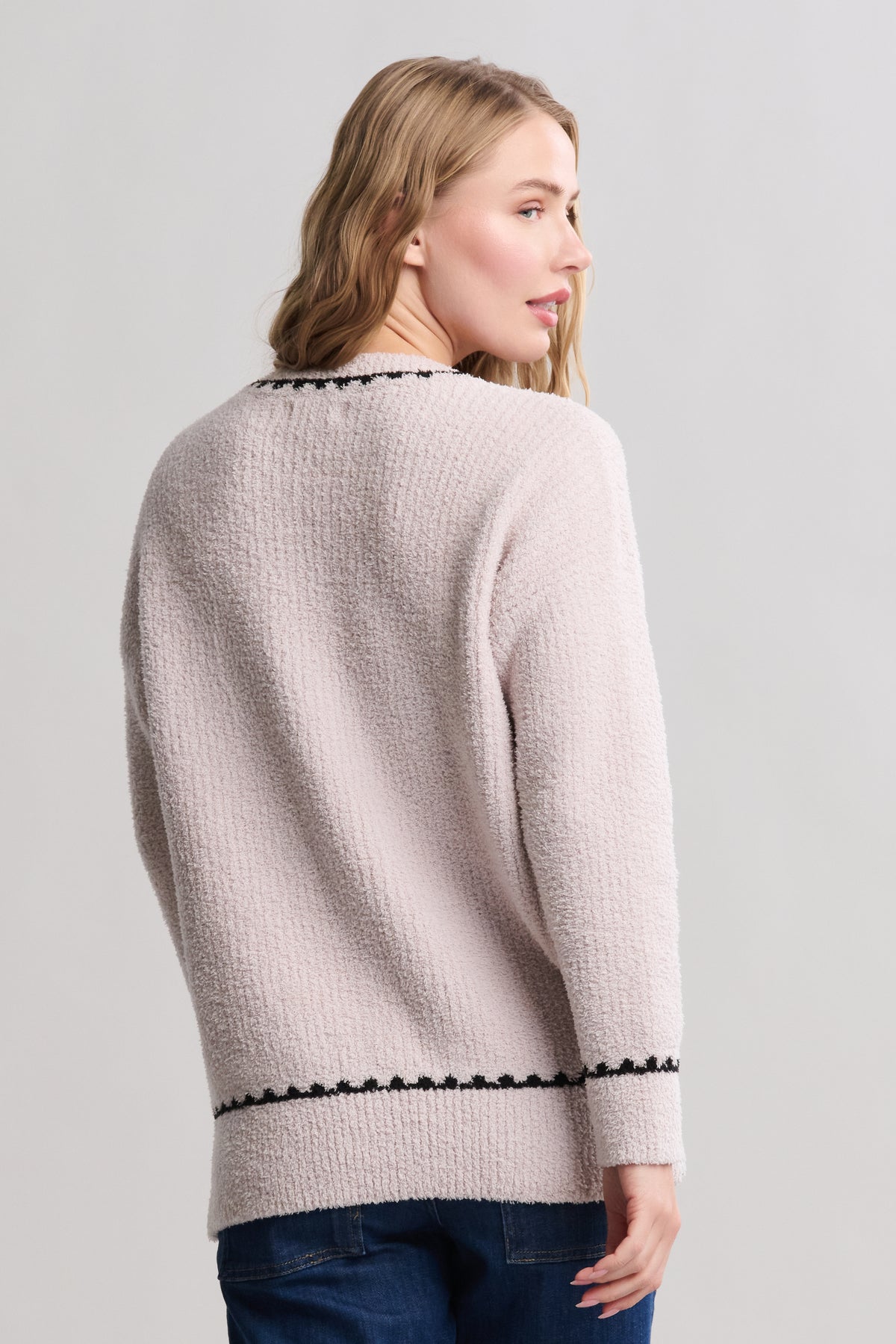 Barefoot Dreams CozyChic Ribbed Sweater with Blanket Stitch - Stone