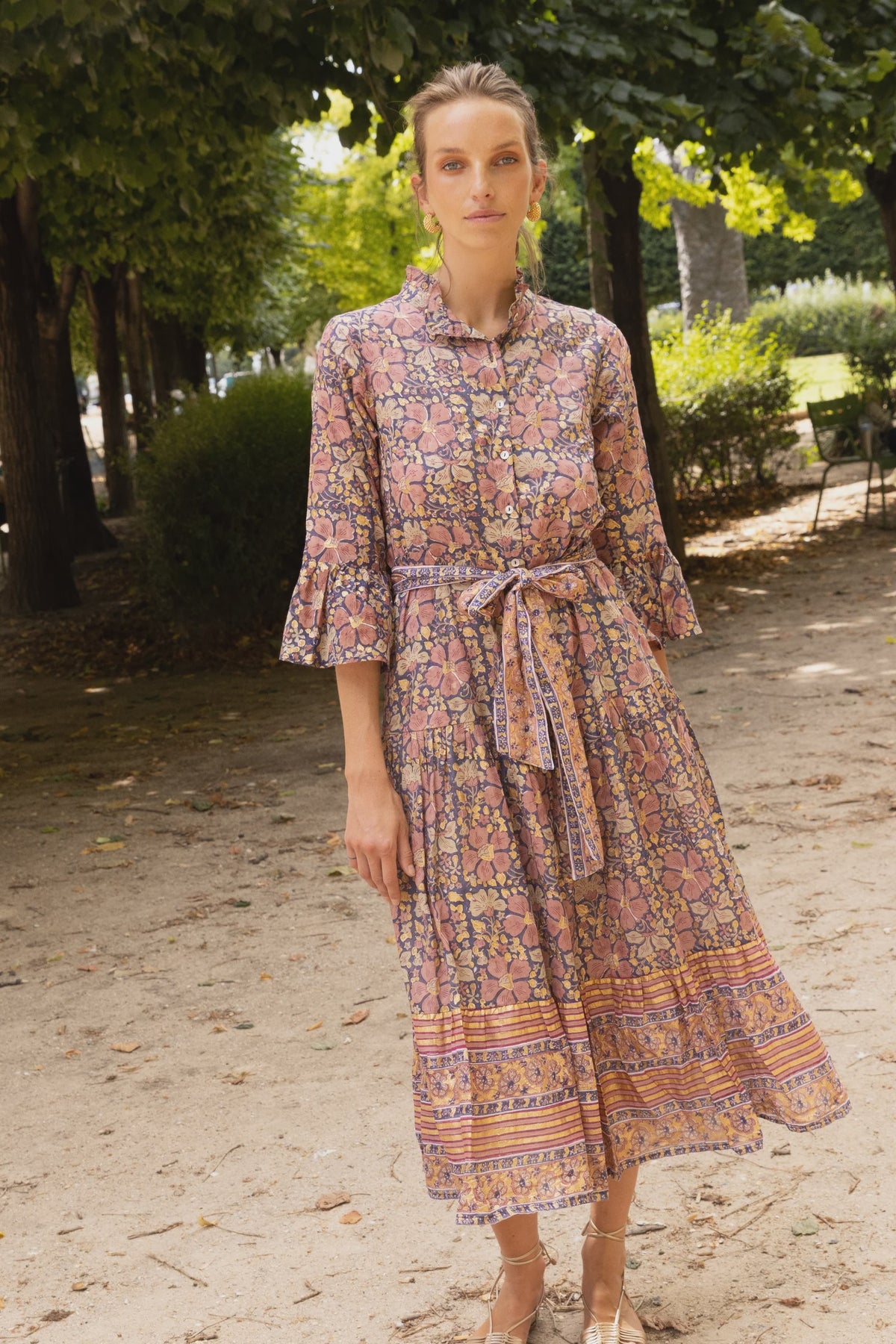 Oliphant Ruffle Collar Bell Maxi- Matera Navy