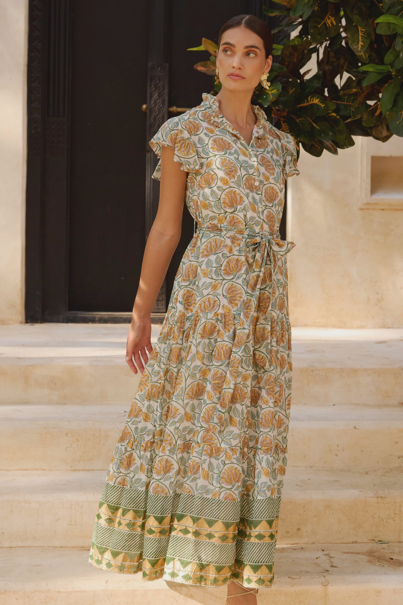 Oliphant Ruffle Collar Button Maxi- Montenegro Green