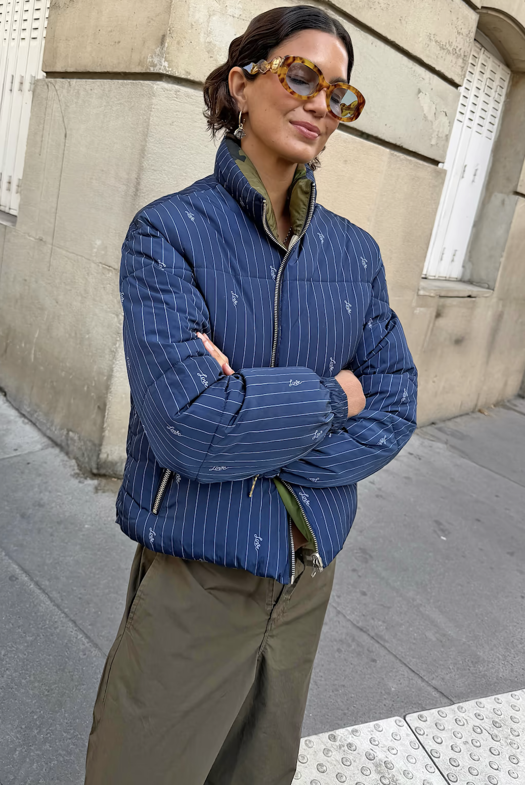 Never Fully Dressed Navy Pinstripe Reversible Puffer