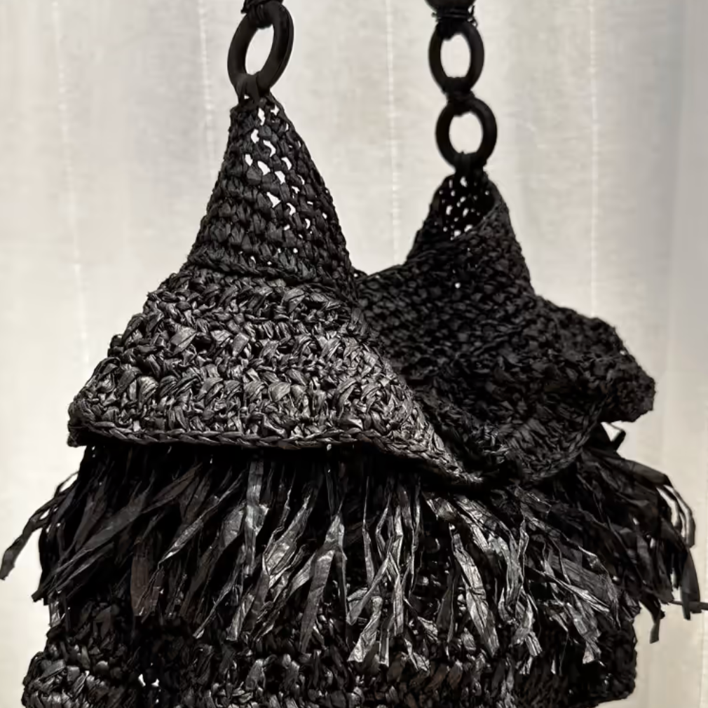 Never Fully Dressed - Black Raffia Bag