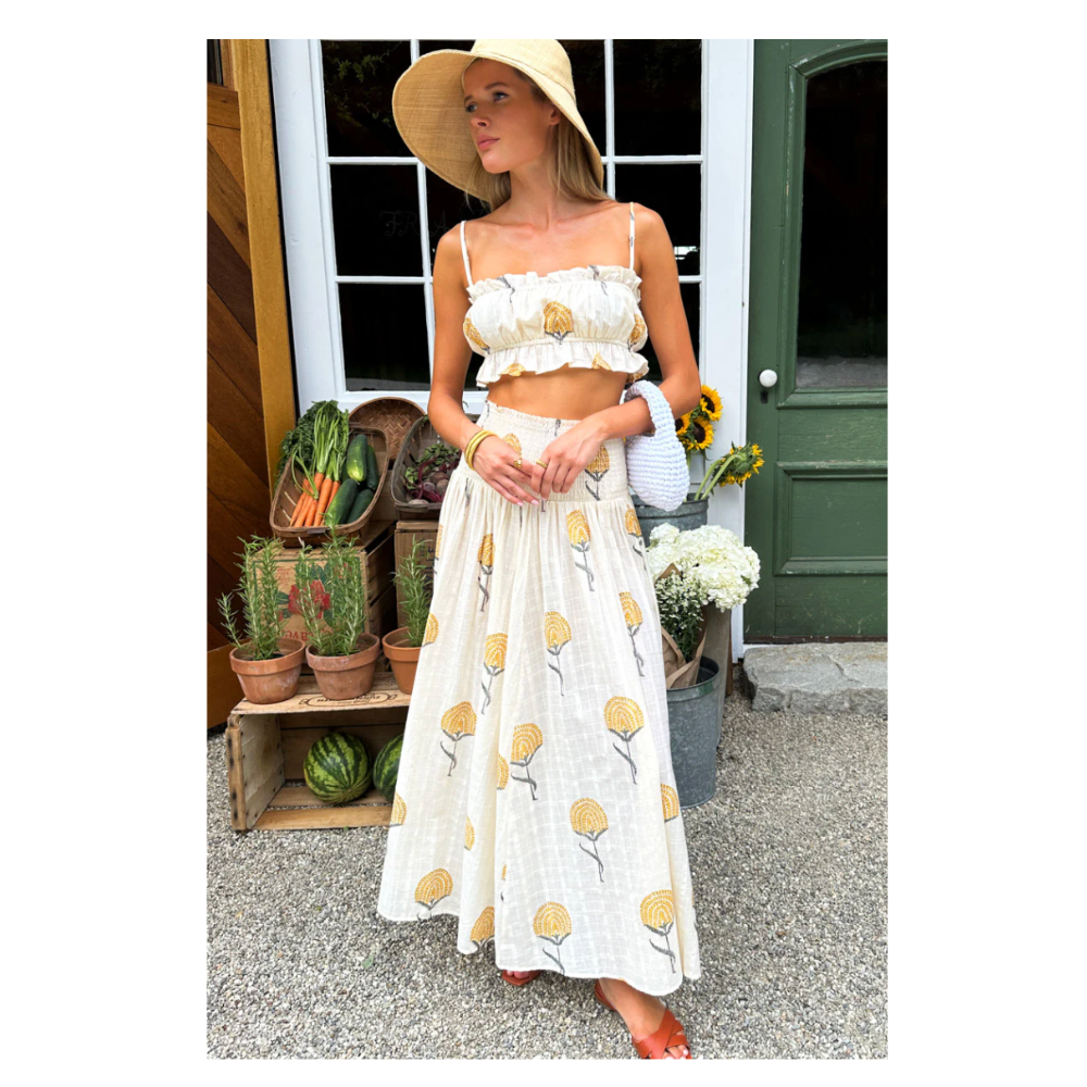 Emerson Fry Smocked Maxi Skirt - Fan Flower Marigold
