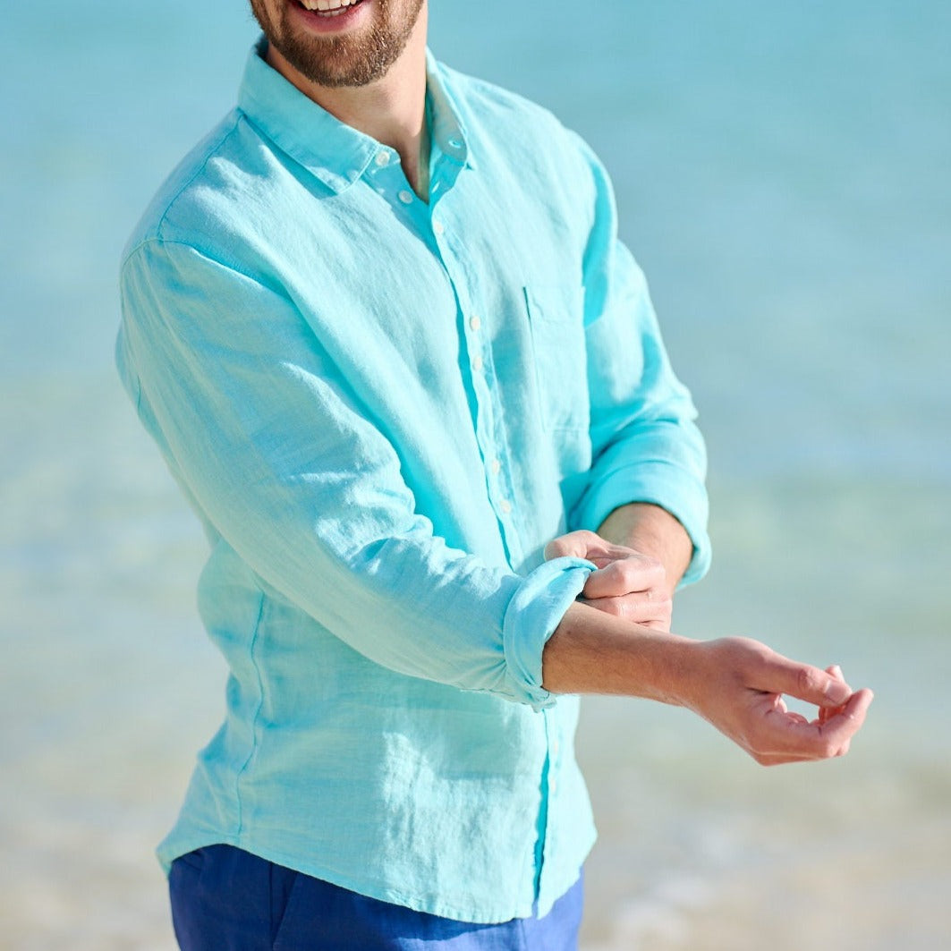 TABS Turquoise Linen Shirt and Navy Shorts