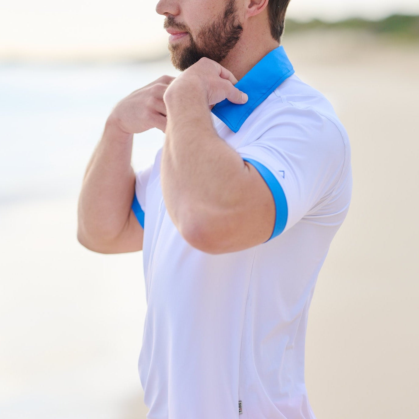Men's Performance Polo - Roof White  Atlantic Blue Collar