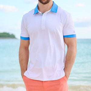 Men's Performance Polo - Roof White  Atlantic Blue Collar