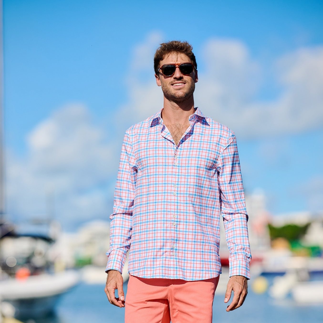 TABSBermuda_Mens_LSCheckShirt_Coral_Front