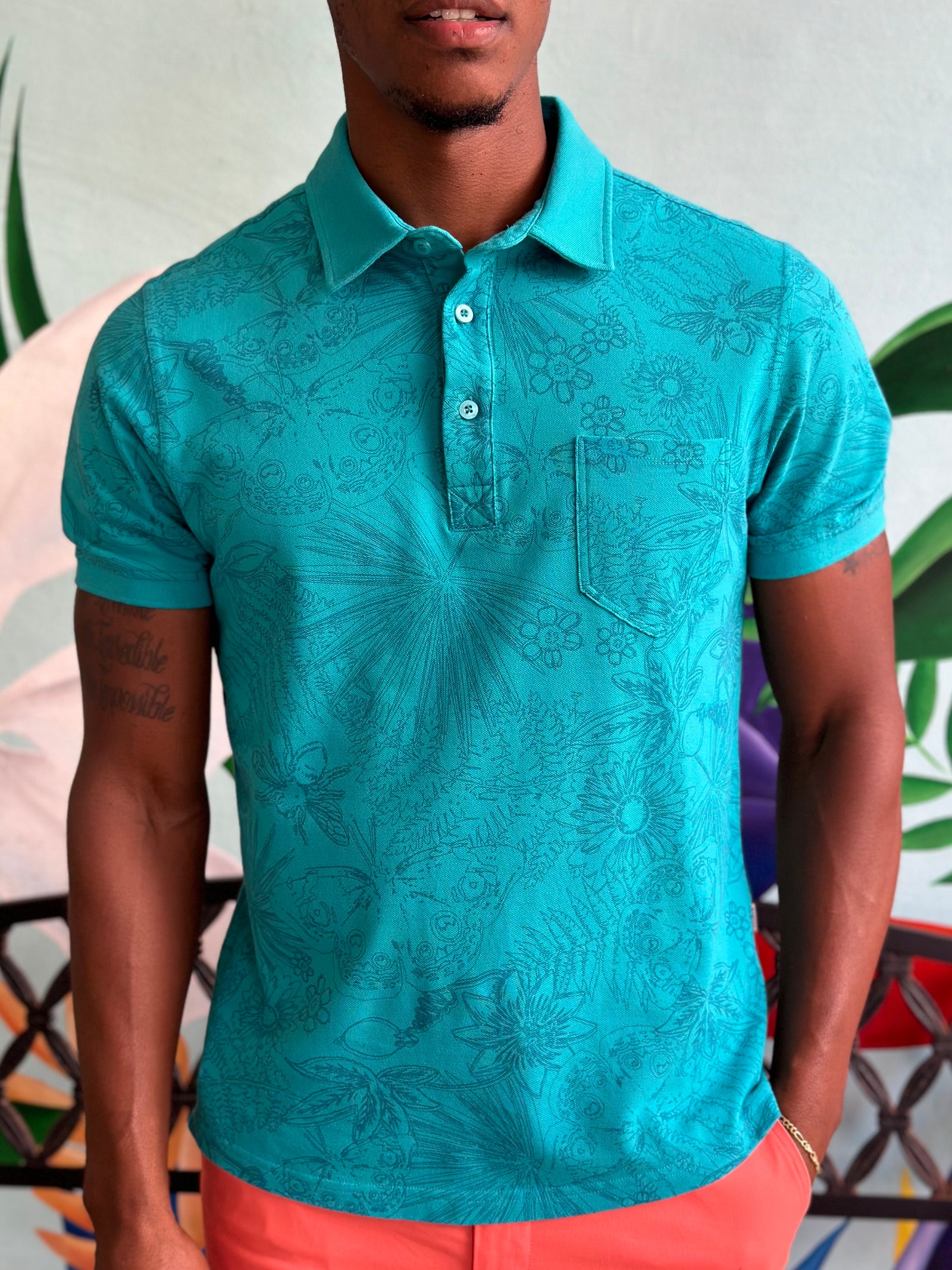 Men's Cotton Polo - Blue Iguana Spring Print