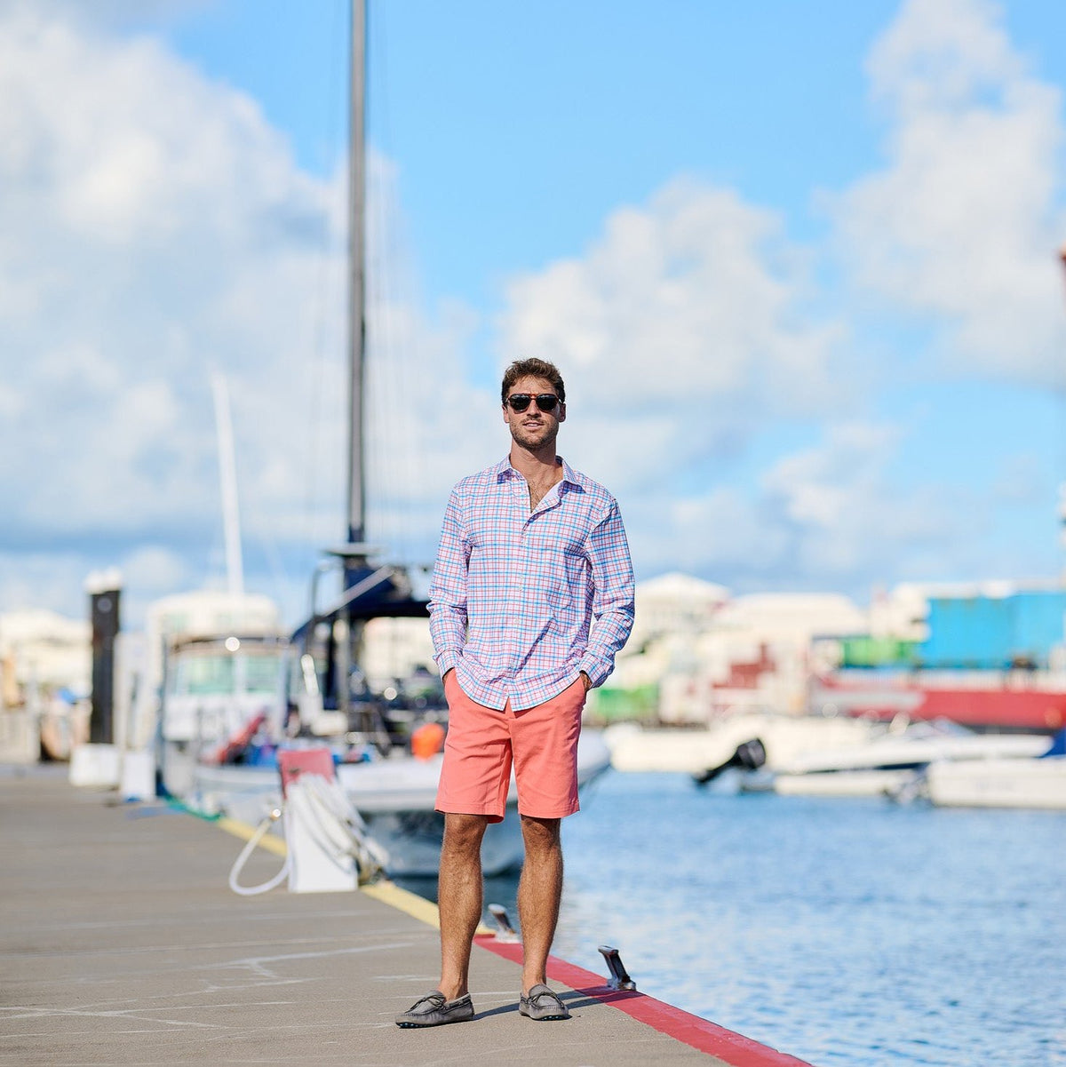 TABSBermuda_Mens_LSCheckShirt_Coral_Front