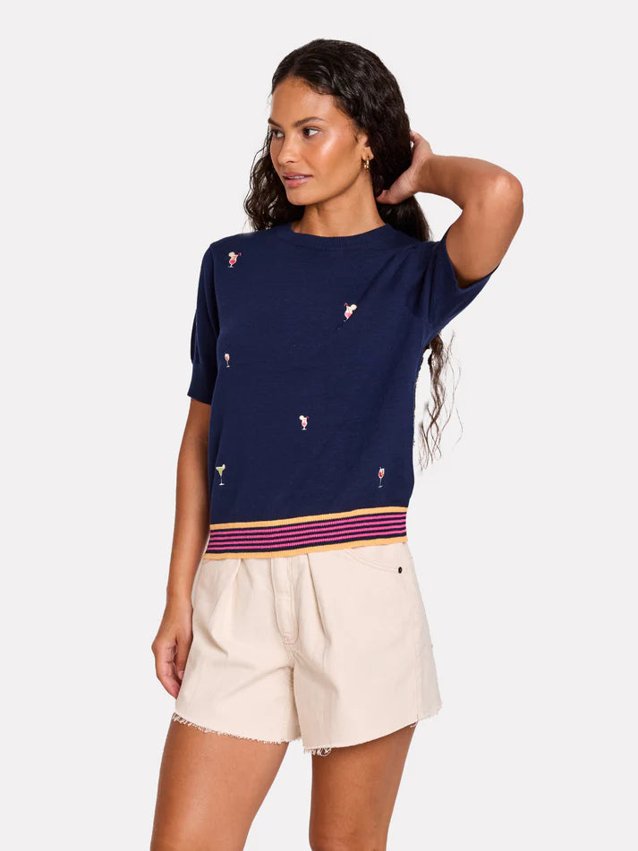Brodie Cocktail Embroidery Tee - Navy