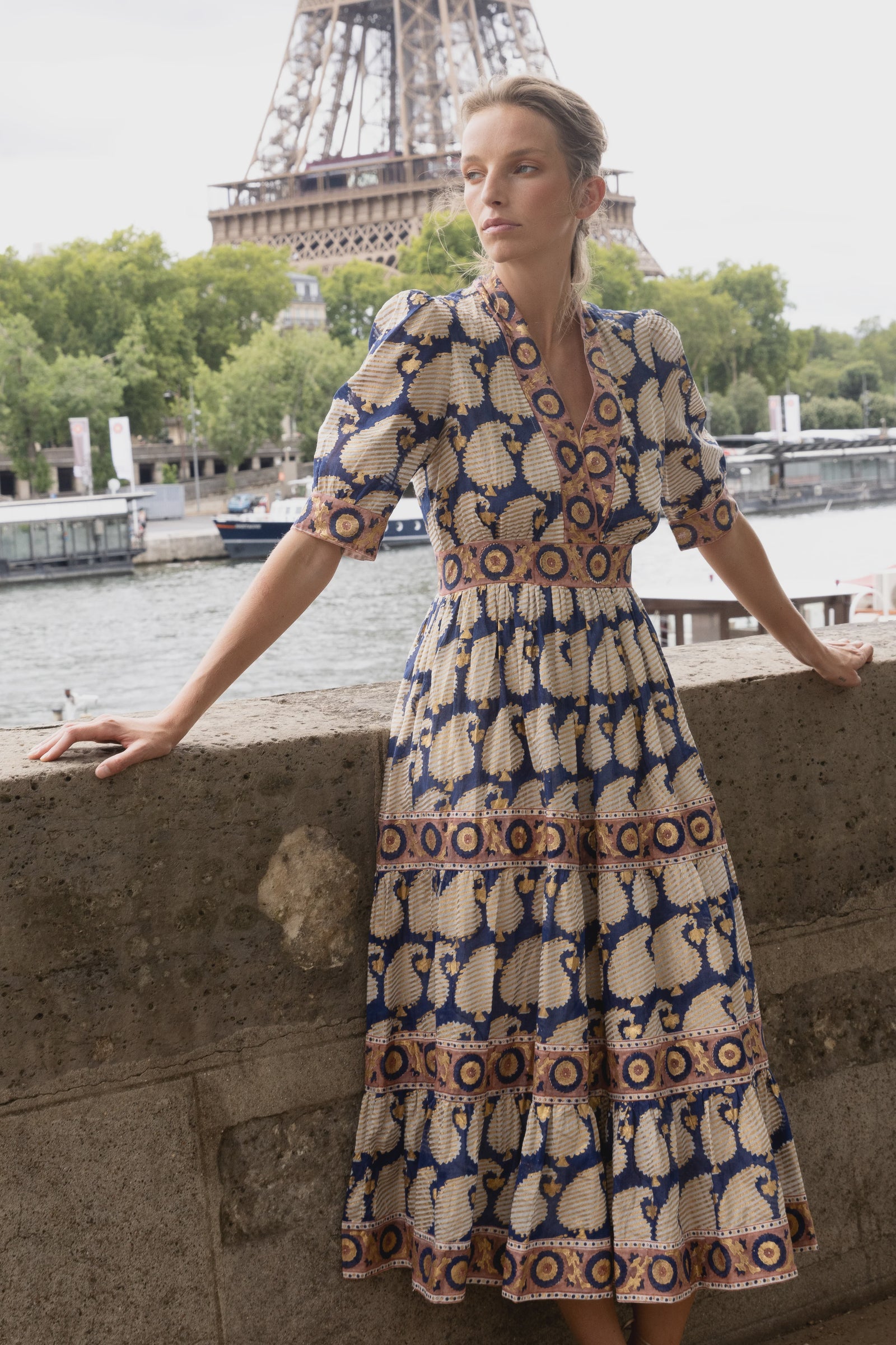 Oliphant V-Neck Cuffed Maxi- Agra Navy