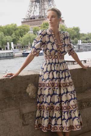 Oliphant V-Neck Cuffed Maxi- Agra Navy