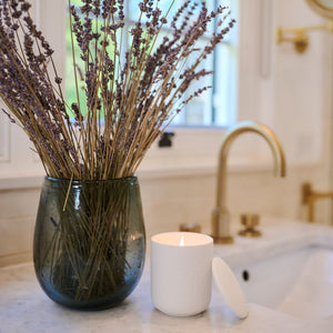 Vase with dried lavender on a bathroom counter