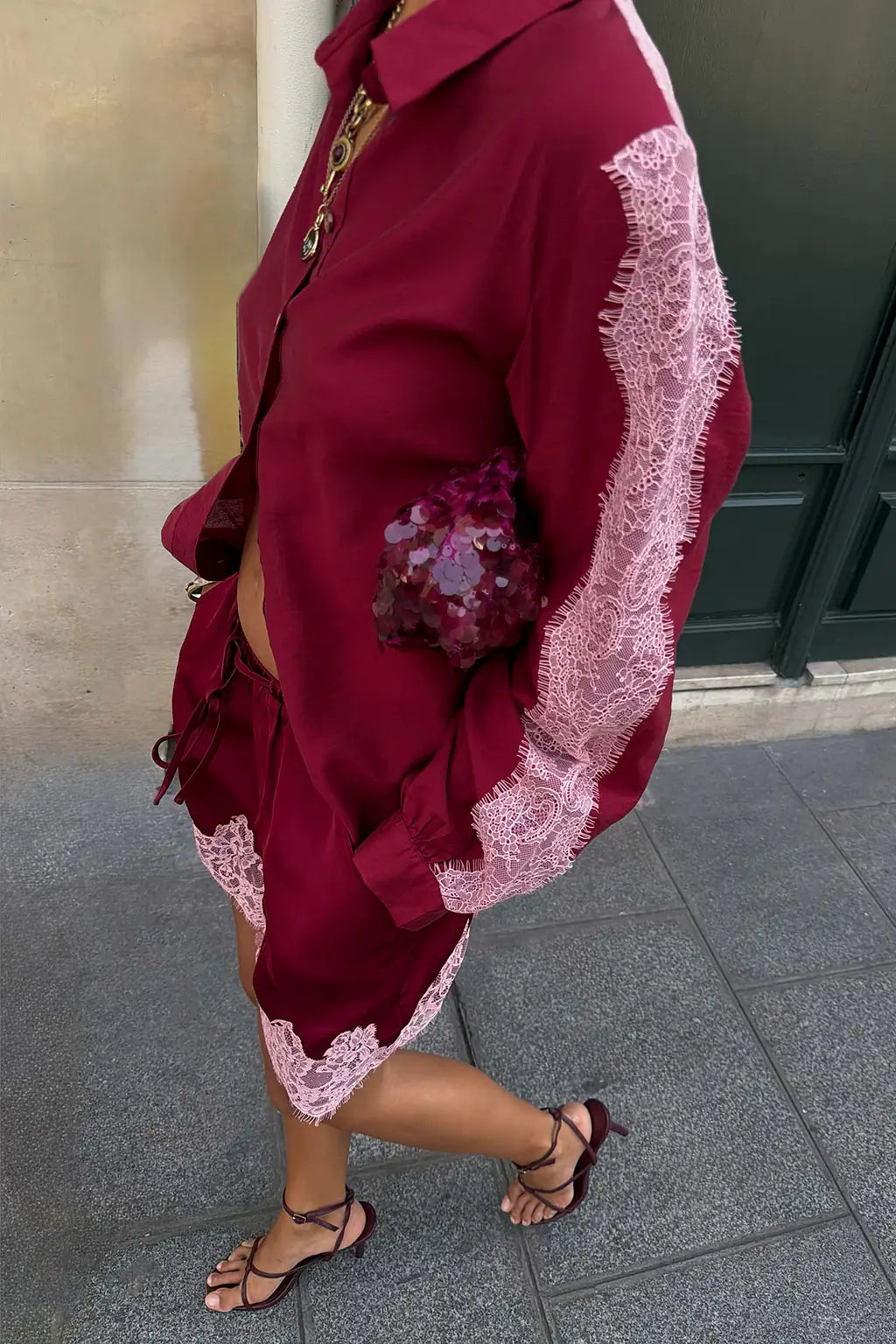 Never Fully Dressed Burgundy and Pink Lace Marley Shirt