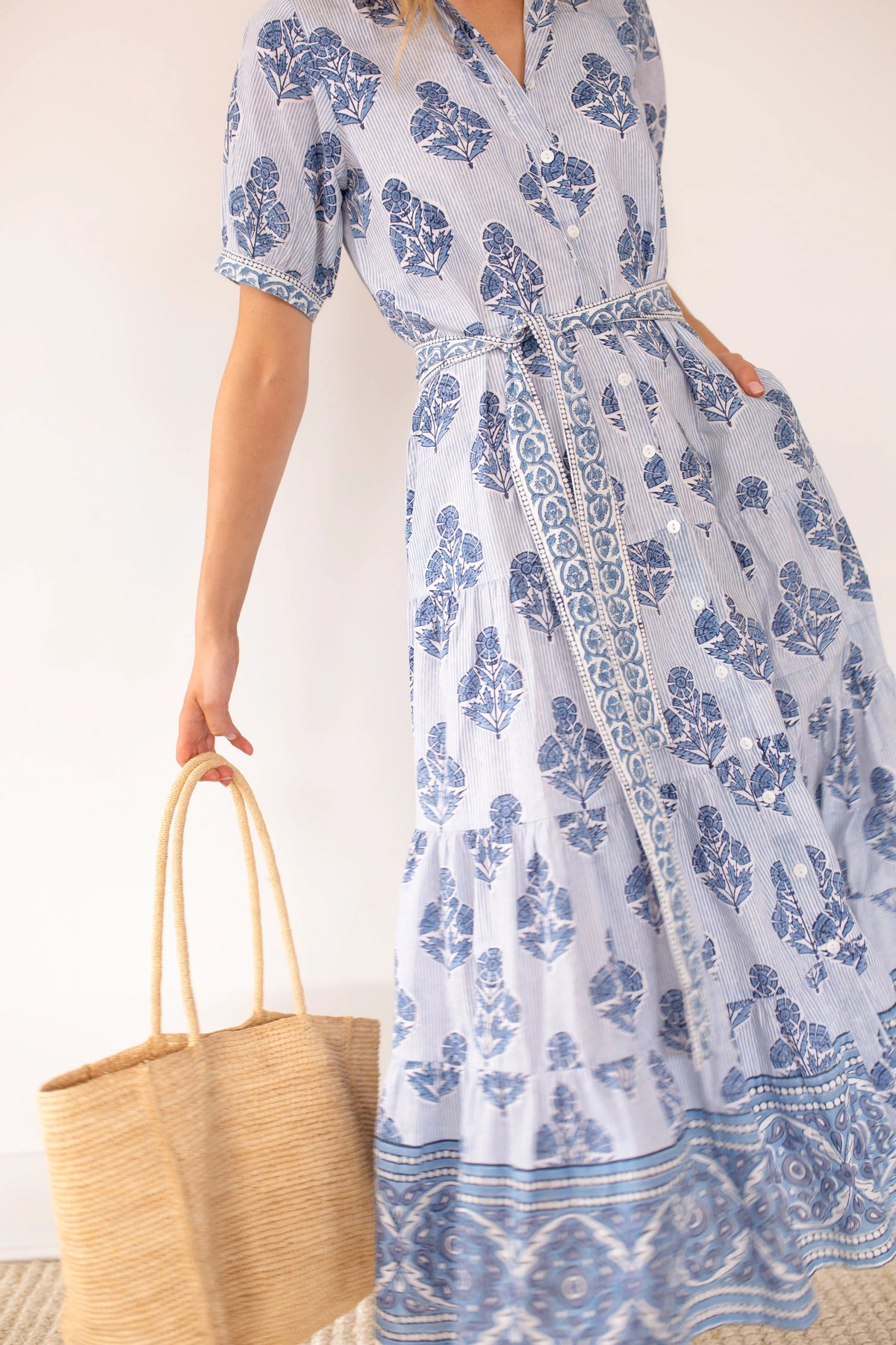 Marea Short Sleeve Shirt Dress - Indigo Striped Hollyhock