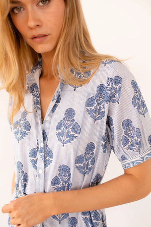 Marea Short Sleeve Shirt Dress - Indigo Striped Hollyhock