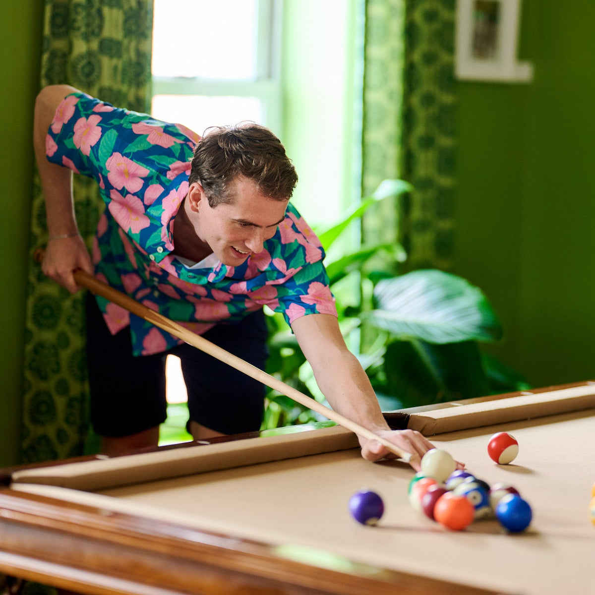 playing pool with hibiscus print