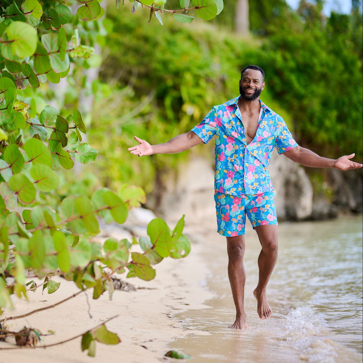 man wearing floral set